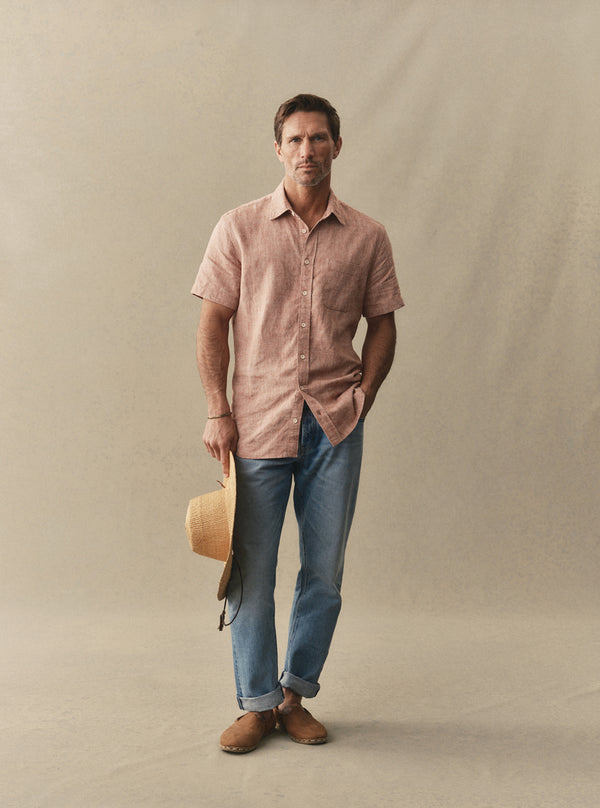 Model wearing the Short Sleeve California in Desert Hemp with The Democratic Jean in Light Wash Hemp Denim