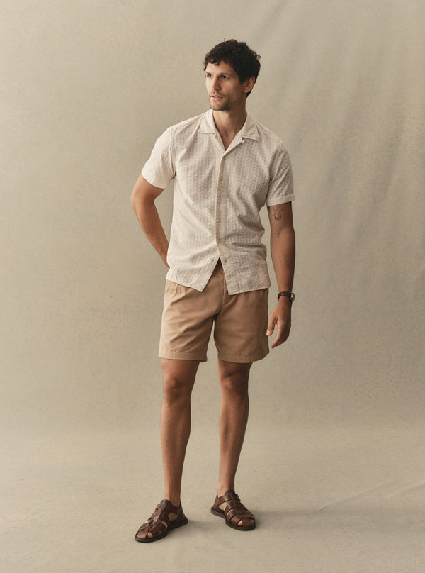 Model wearing the Davis Shirt in Vintage White Embroidery