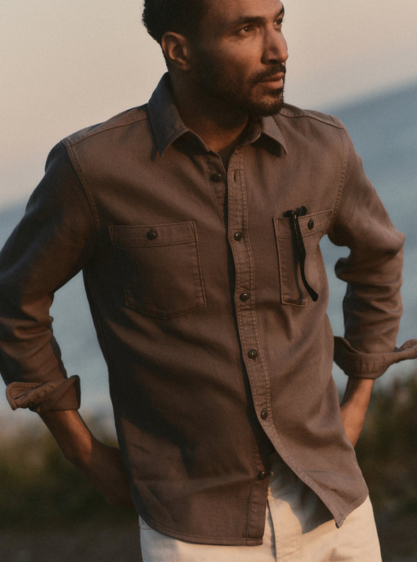 Model wearing the Dispatch Shirt in Smoked Olive Broken Twill