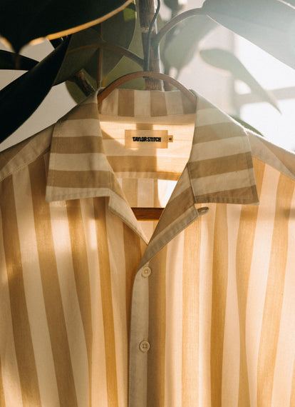 The Short Sleeve Davis Shirt in Sandbar Stripe, bathed in sunlight