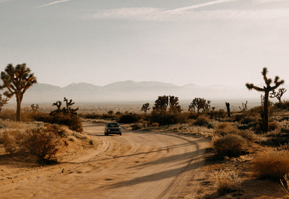 Vintage car driving through the Southern California desert
