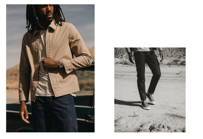 Diptych of model wearing The Shifter Jacket in Baked Soil