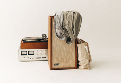 The Jack in Overcast Linen, draped over a speaker