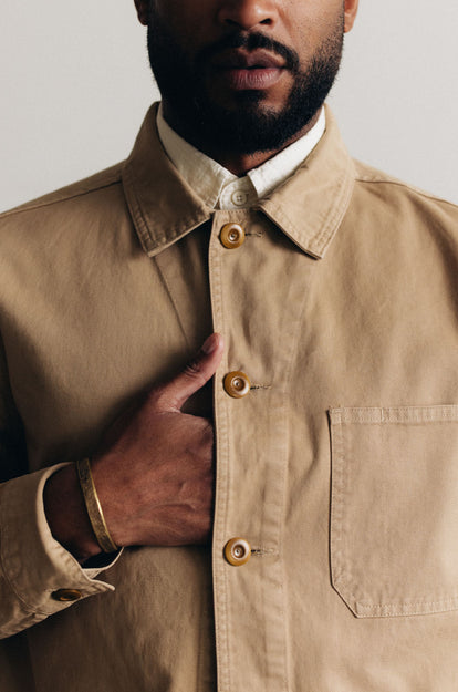 Close up of model in The Ojai Jacket in Light Khaki