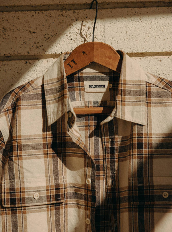 Close up of The Craftsman Shirt in Bark Plaid