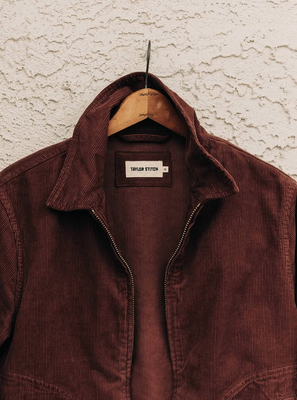 Close up of the corduroy texture on The Piston Jacket in Dried cherry