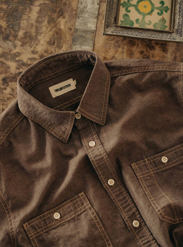 Close up of The Utility Shirt in Soil Nep