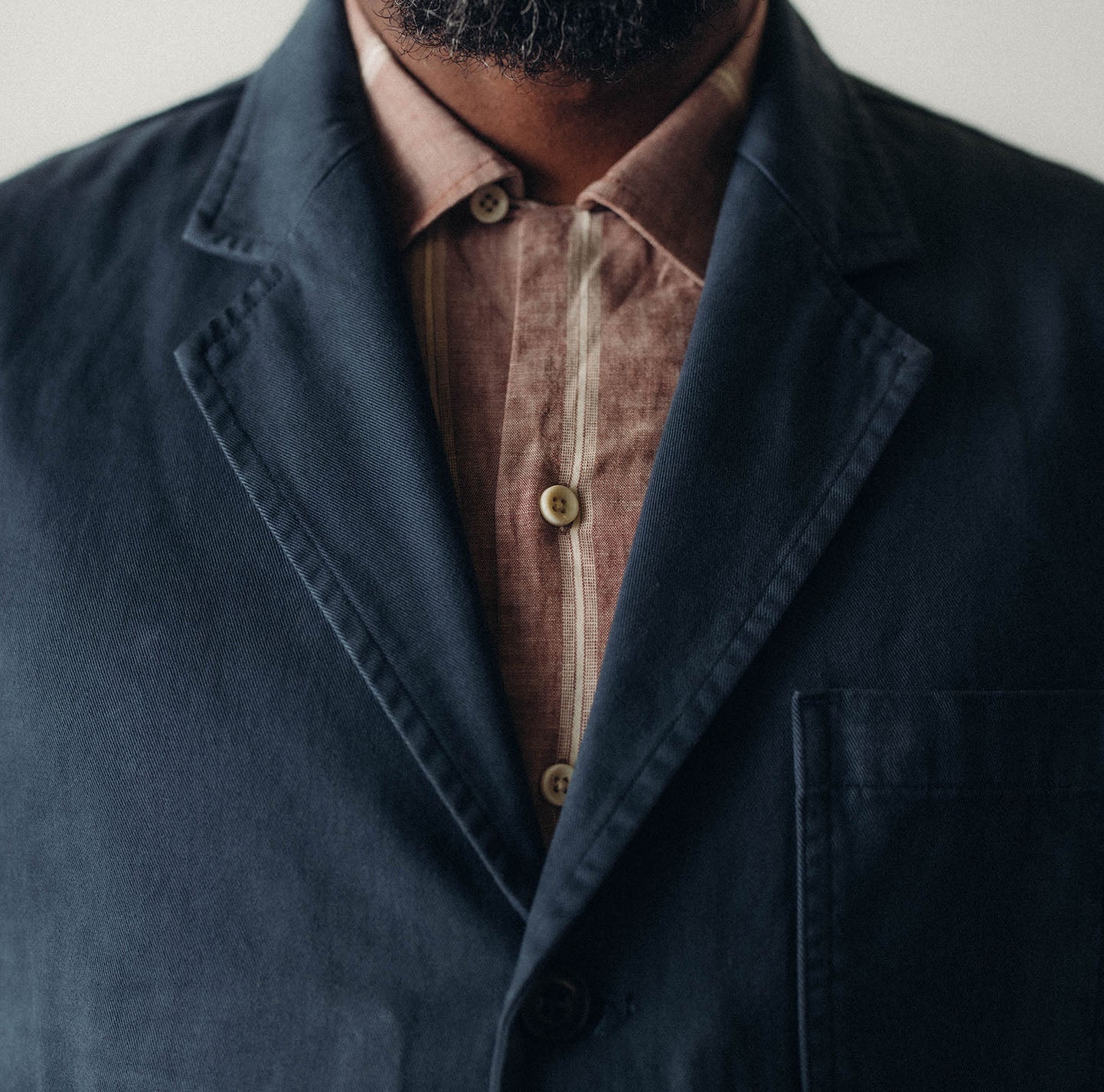 Model wearing the Foundation Sportcoat in Organic Navy, by Taylor Stitch