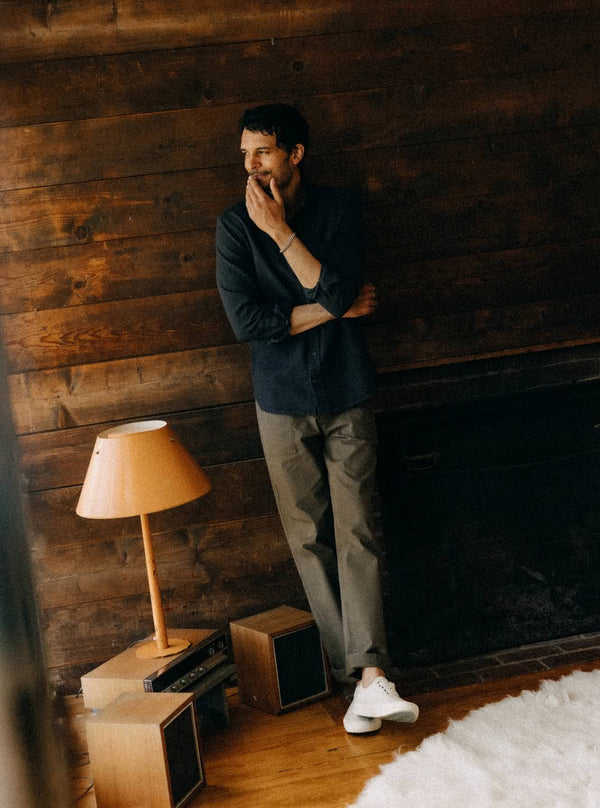 Model wearing The Jack in Coal Waffle and The Breakwater Pant in Mushroom Ripstop