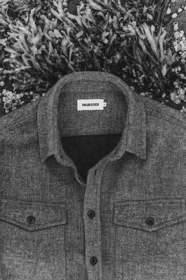 Close up of The Maritime Shirt Jacket in Ash Twill
