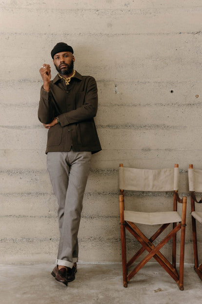 Model wearing The Ojai Jacket in Army Herringbone Wool with The Morse Pant