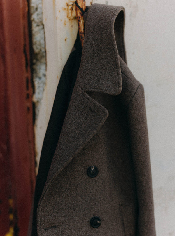 Model in The Mariner Coat, with Alcatraz in the background