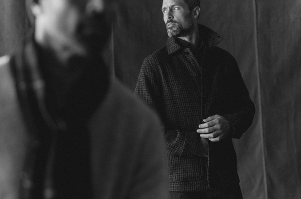 Model in The Ojai Jacket in Marsh Guncheck Harris Tweed Wool