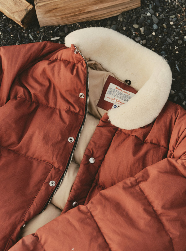 Close up of the Down Sweater Jacket in Brick Red