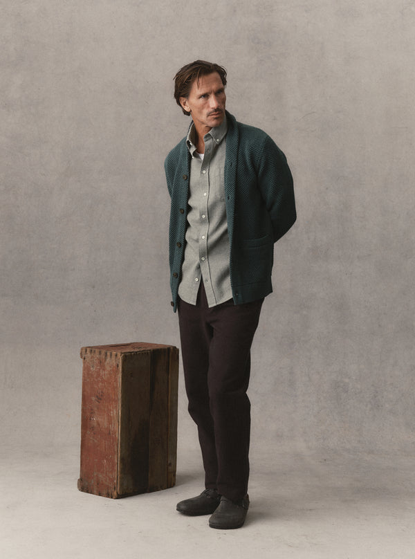 Model in the Crawford Sweater in Dark Forest