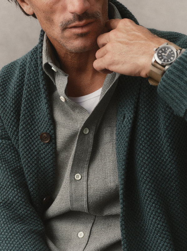 Close up of model in the Crawford Sweater