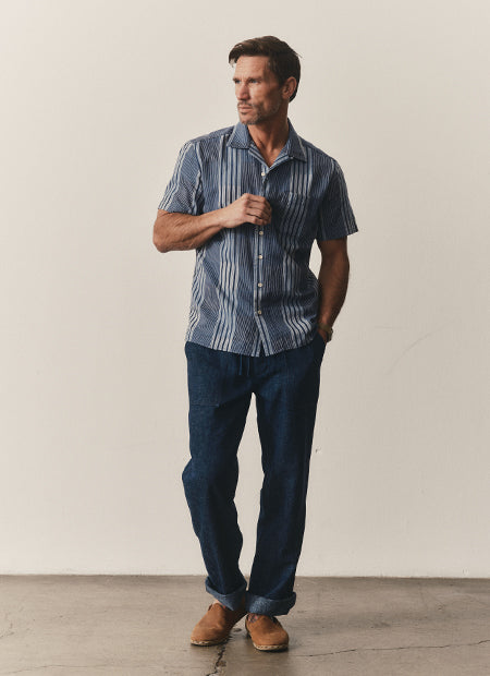 Model wearing The Hawthorne Shirt in Indigo Patchwork , by Taylor Stitch