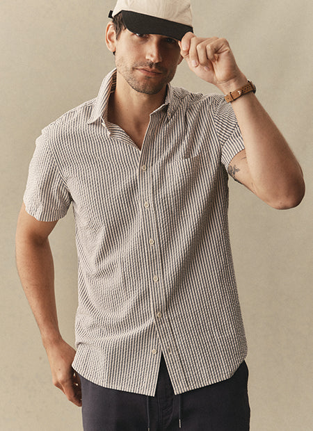 Model wearing The Short Sleeve Jack in Seersucker , by Taylor Stitch