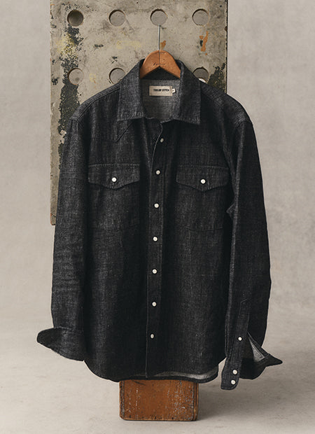 editorial image of The Glacier Shirt in Black Indigo Hemp Denim, by Taylor Stitch