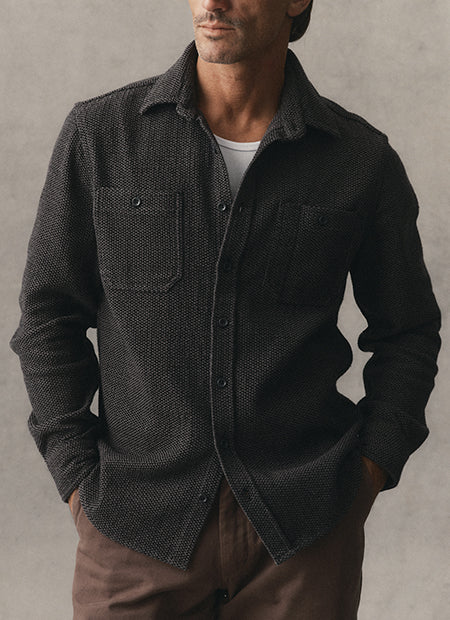 fit model posing in The Division Shirt in Sashiko, by Taylor Stitch