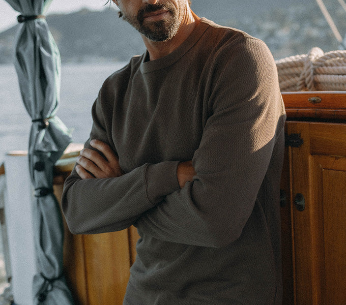 Model wearing The Organic Cotton Crew in Fatigue Olive Waffle