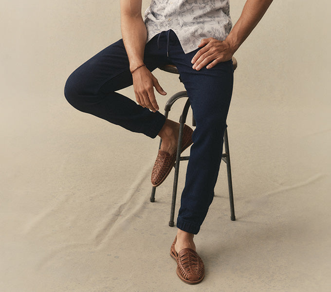 Model sitting in the Après Pant in Sashiko