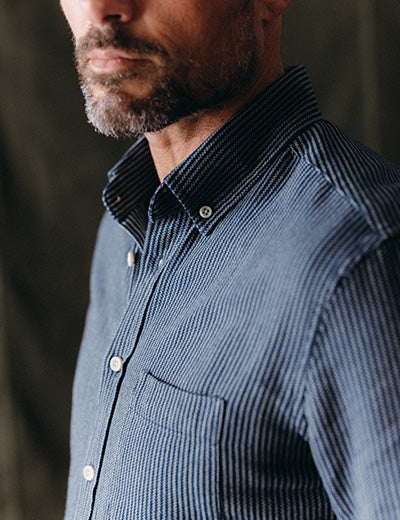 fit model posing in The Jack in Roped Indigo, by Taylor Stitch