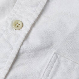 Closeup image of a white oxford shirt, including the corner of a pocket, the placket, and an off-white button.