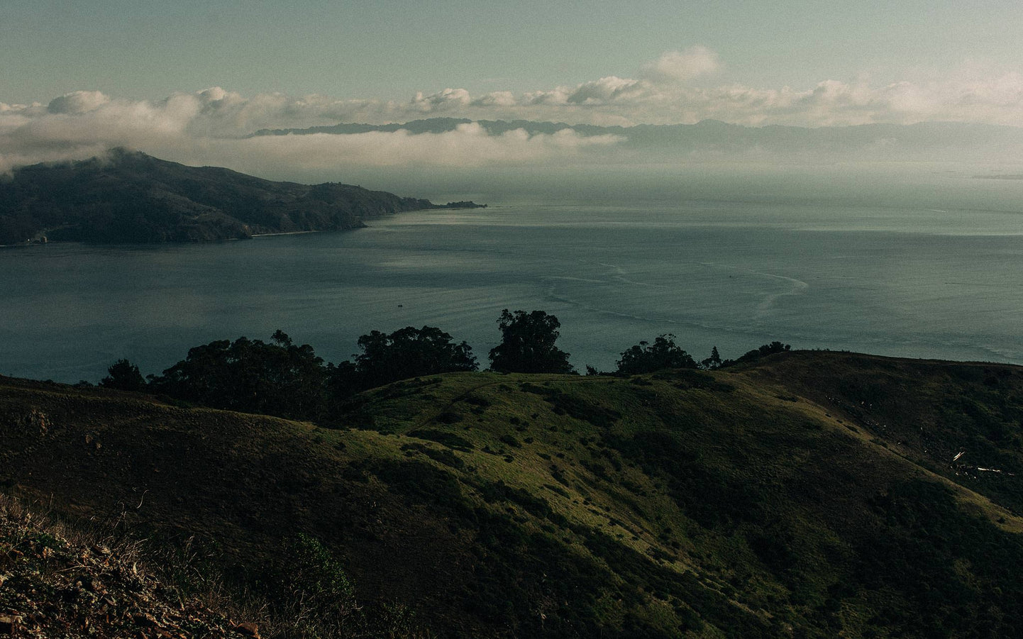 A rocky, grassy precipice overlooks calm water and coastal mountains.