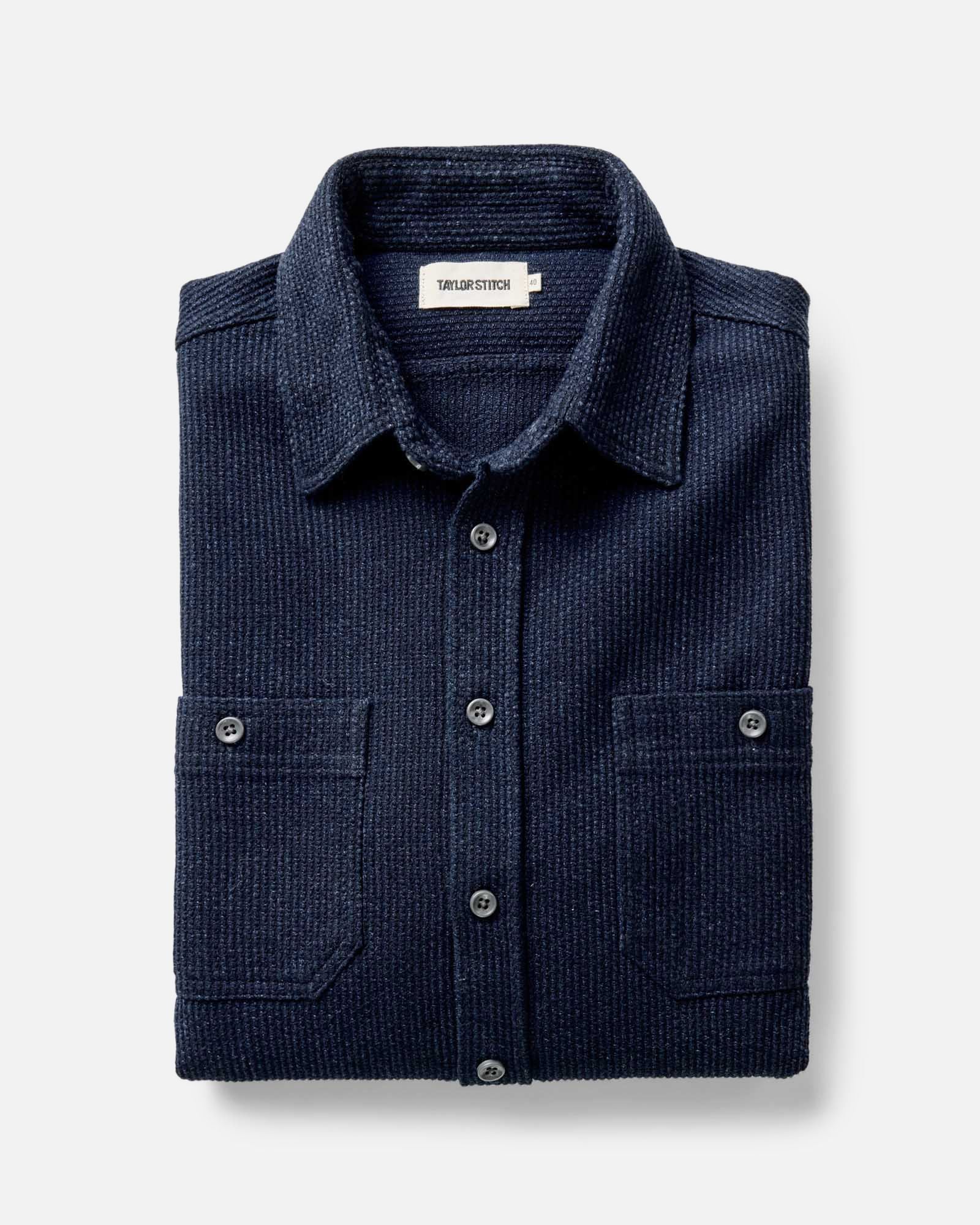 folded flatlay of The Utility Shirt in Rinsed Indigo Sashiko, Wovens by Taylor Stitch