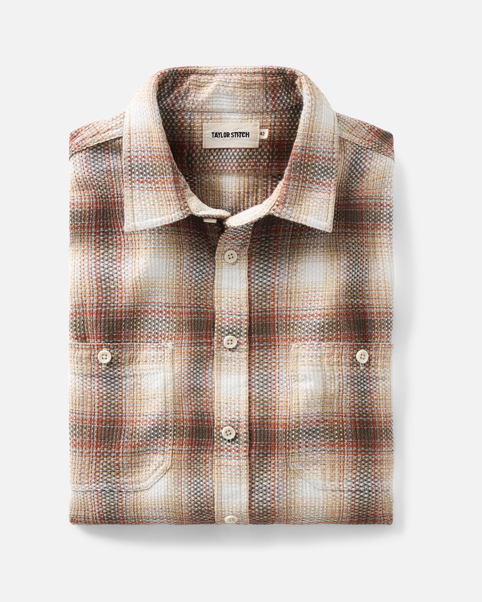 folded flatlay of The Utility Shirt in Seaside Check Sashiko, Wovens by Taylor Stitch
