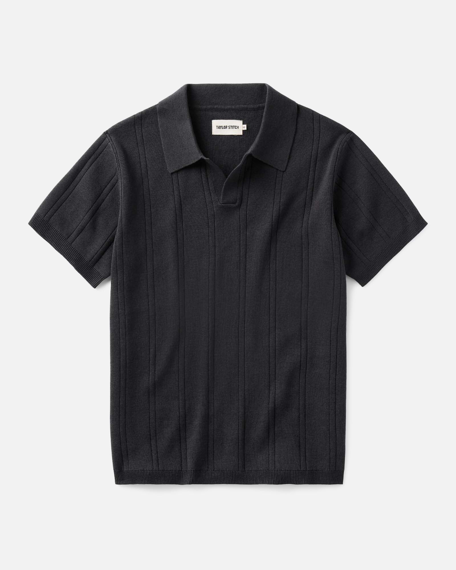 flatlay of The Valencia Sweater Polo in Heather Coal Rib, Knits by Taylor Stitch
