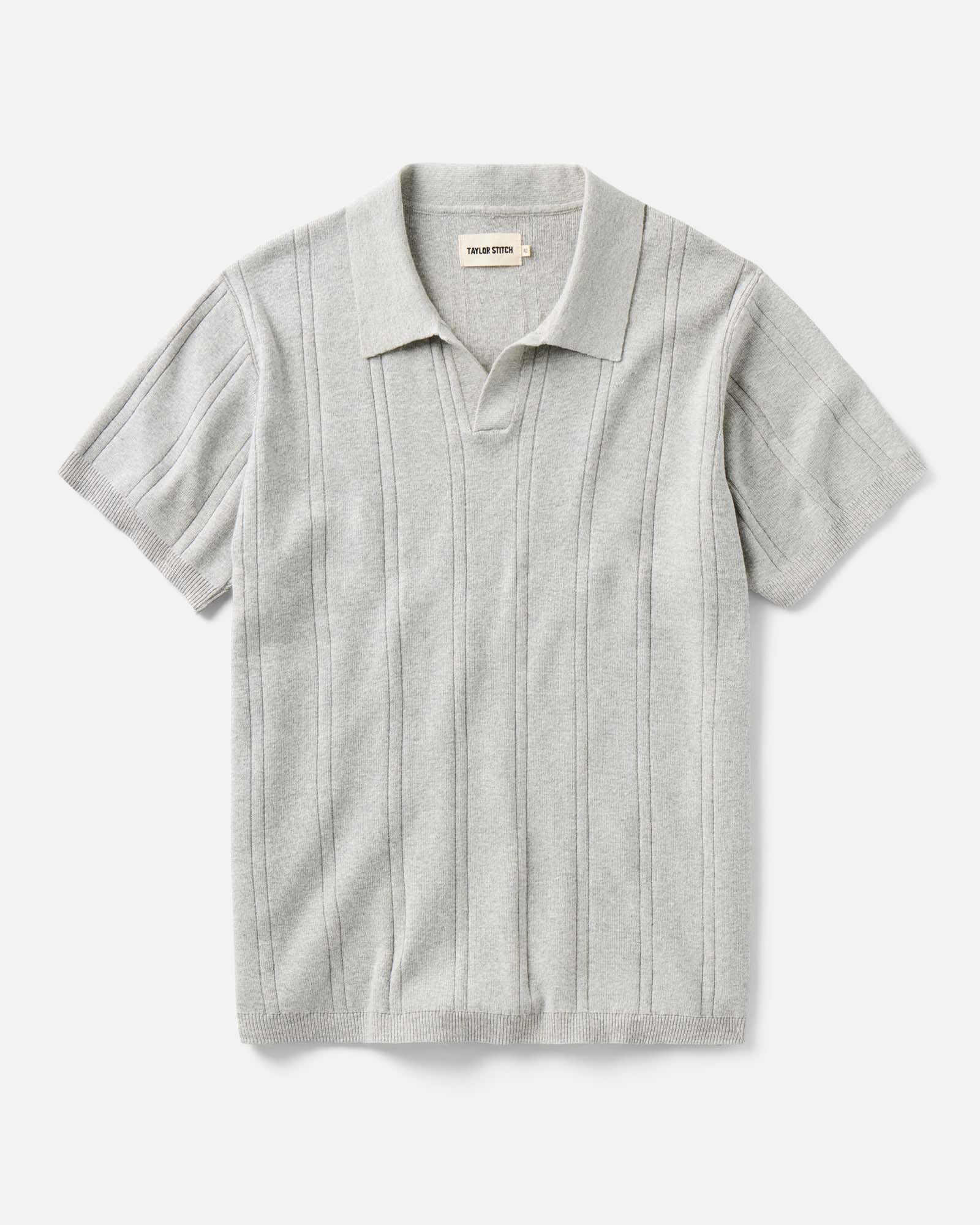 flatlay of The Valencia Sweater Polo in Heather Grey Rib, Knits by Taylor Stitch