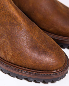 material shot of the toe box on The Ranch Boot in Redwood Waxed Suede, Footwear by Taylor Stitch