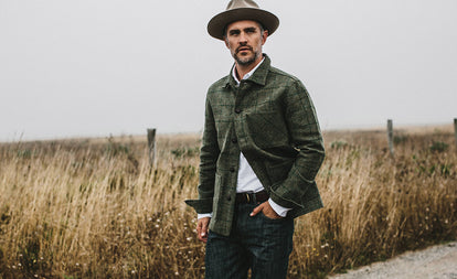 Our guy in the field in a TS x Stetson hat and Ojai Jacket in windowpane fabric.