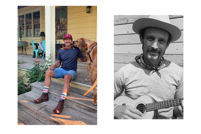 Yuri on his porch petting his dog, and playing the ukelele