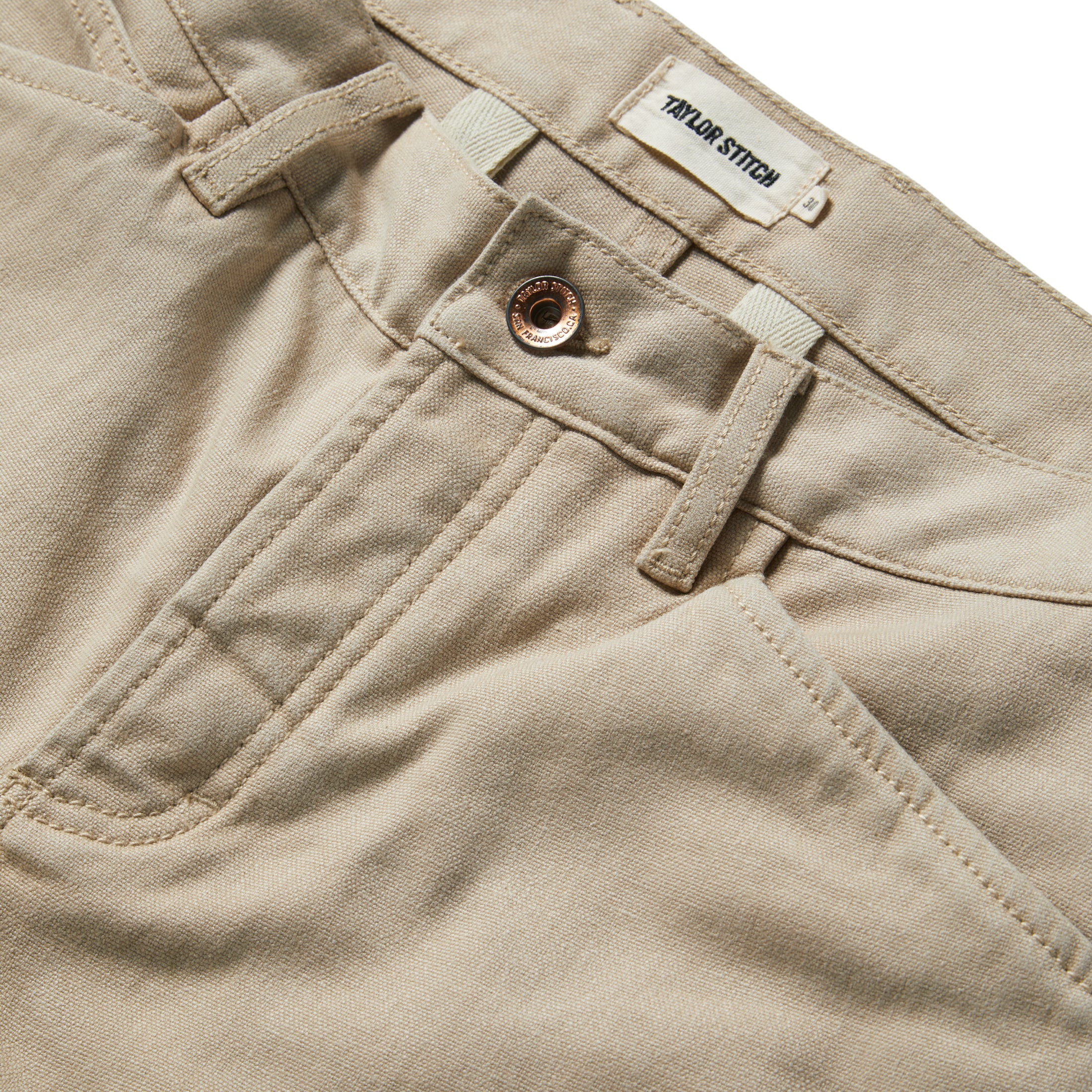 material shot of the button opening on The Chore Pant in Sand Boss Duck, Bottoms by Taylor Stitch