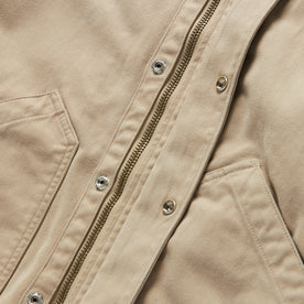 material shot of the buttons and zipper on The Workhorse Hoodie in Sand Boss Duck