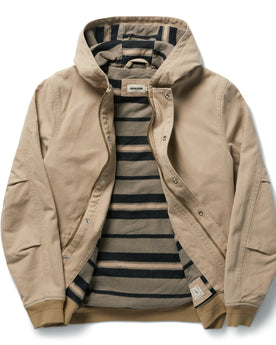 flatlay of The Workhorse Hoodie in Sand Boss Duck, shown open from the front, Outerwear by Taylor Stitch