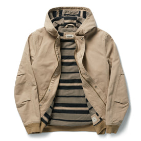 flatlay of The Workhorse Hoodie in Sand Boss Duck, shown open from the front