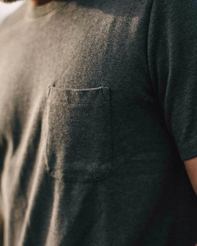 Our fit model wearing The Heavy Bag Tee in Heather Grey from Taylor Stitch.