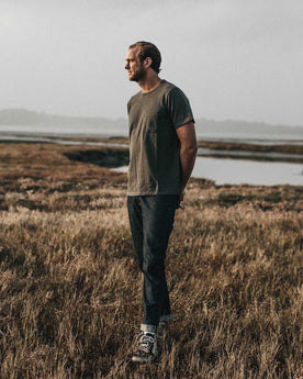 Our fit model wearing The Heavy Bag Tee in Heather Grey from Taylor Stitch., Knits by Taylor Stitch