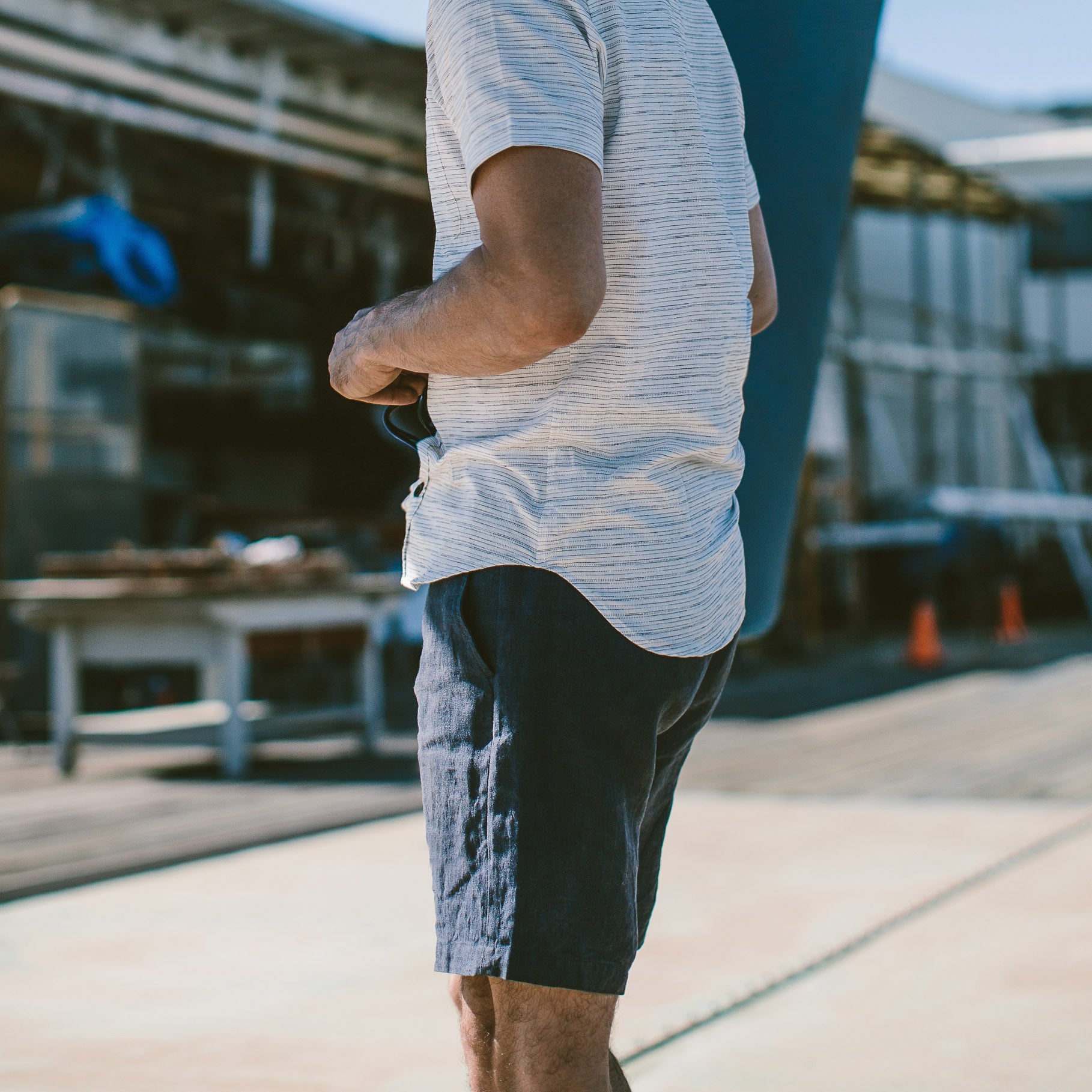 Michael Hanging out at the dock in San Francisco, Shorts by Taylor Stitch