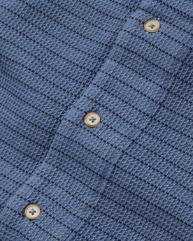 material shot of the buttons on The Short Sleeve Hawthorne in Ocean Pickstitch Waffle, Wovens by Taylor Stitch