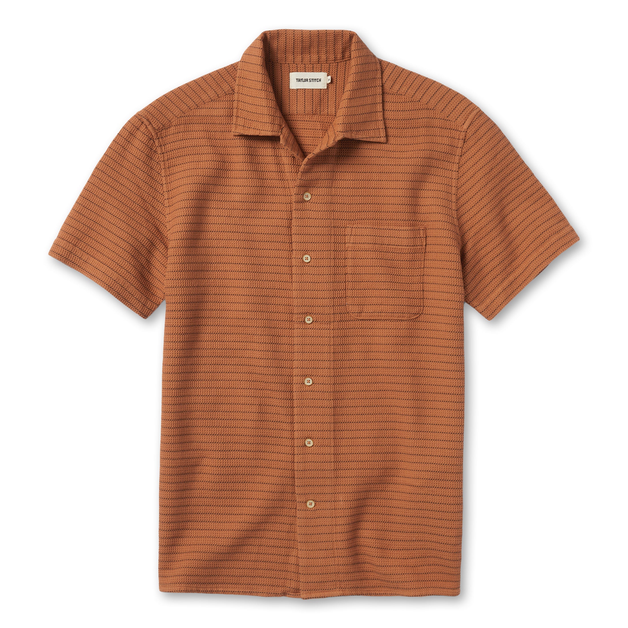 flatlay of The Short Sleeve Hawthorne in Rust Pickstitch Waffle, Wovens by Taylor Stitch