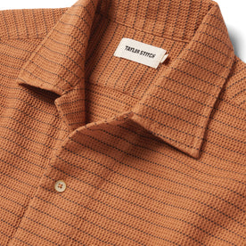 material shot of the collar of The Short Sleeve Hawthorne in Rust Pickstitch Waffle