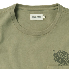 material shot of the collar and label on The Heavy Bag Tee in Sage Dahlia