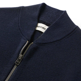 material shot of the collar on The Portola Bomber in Midnight Merino