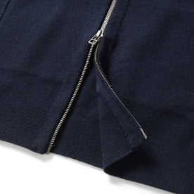 material shot of the zipper on The Portola Bomber in Midnight Merino