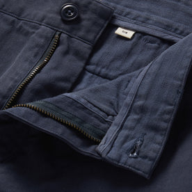 material shot of zipper fly on The Slim Foundation Pant in Organic Marine